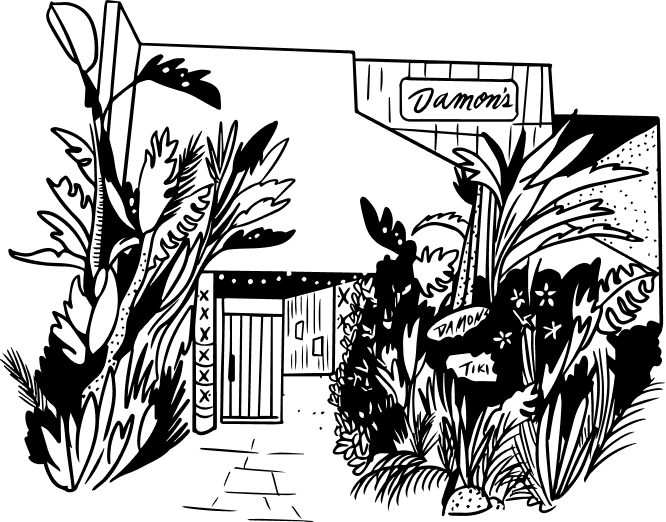 Illustration of the Damon's entrance framed by tropical plants